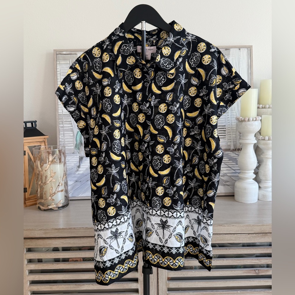 Allison Daley Black Citrus & Banana Print Short Sleeve Blouse